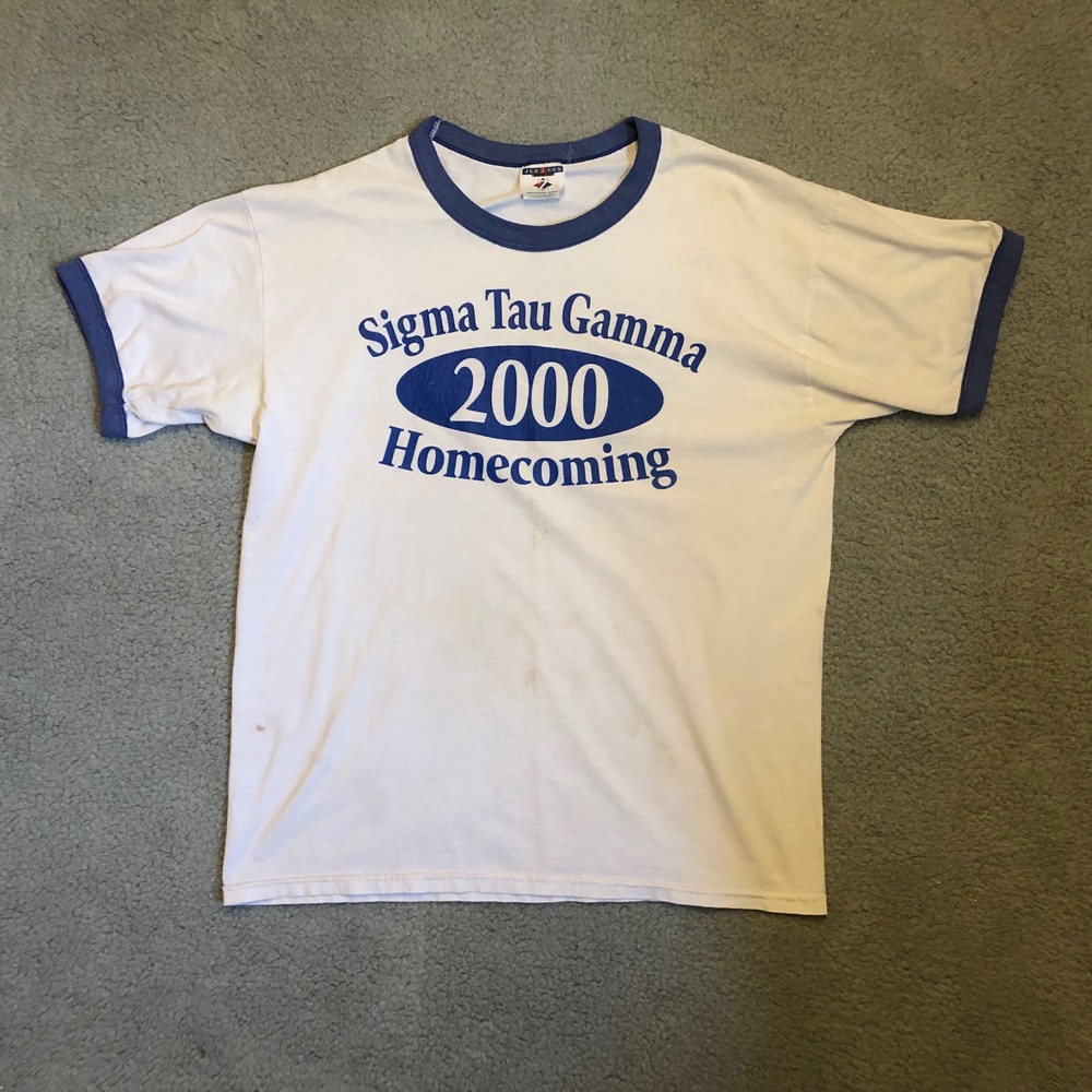 Vintage Sigma Tau Gamma 2000 Homecoming Jerzees Ringer T-Shirt White Blue‎ XL